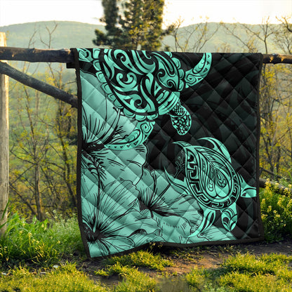 Hawaii Turtle Premium Quilt Polynesian Hibiscus Art Turquoise