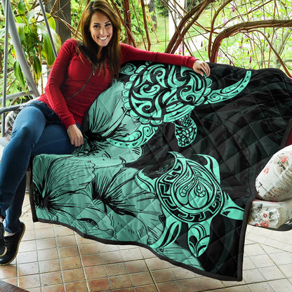 Hawaii Turtle Premium Quilt Polynesian Hibiscus Art Turquoise
