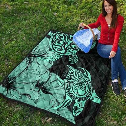 Hawaii Turtle Premium Quilt Polynesian Hibiscus Art Turquoise
