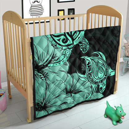 Hawaii Turtle Premium Quilt Polynesian Hibiscus Art Turquoise