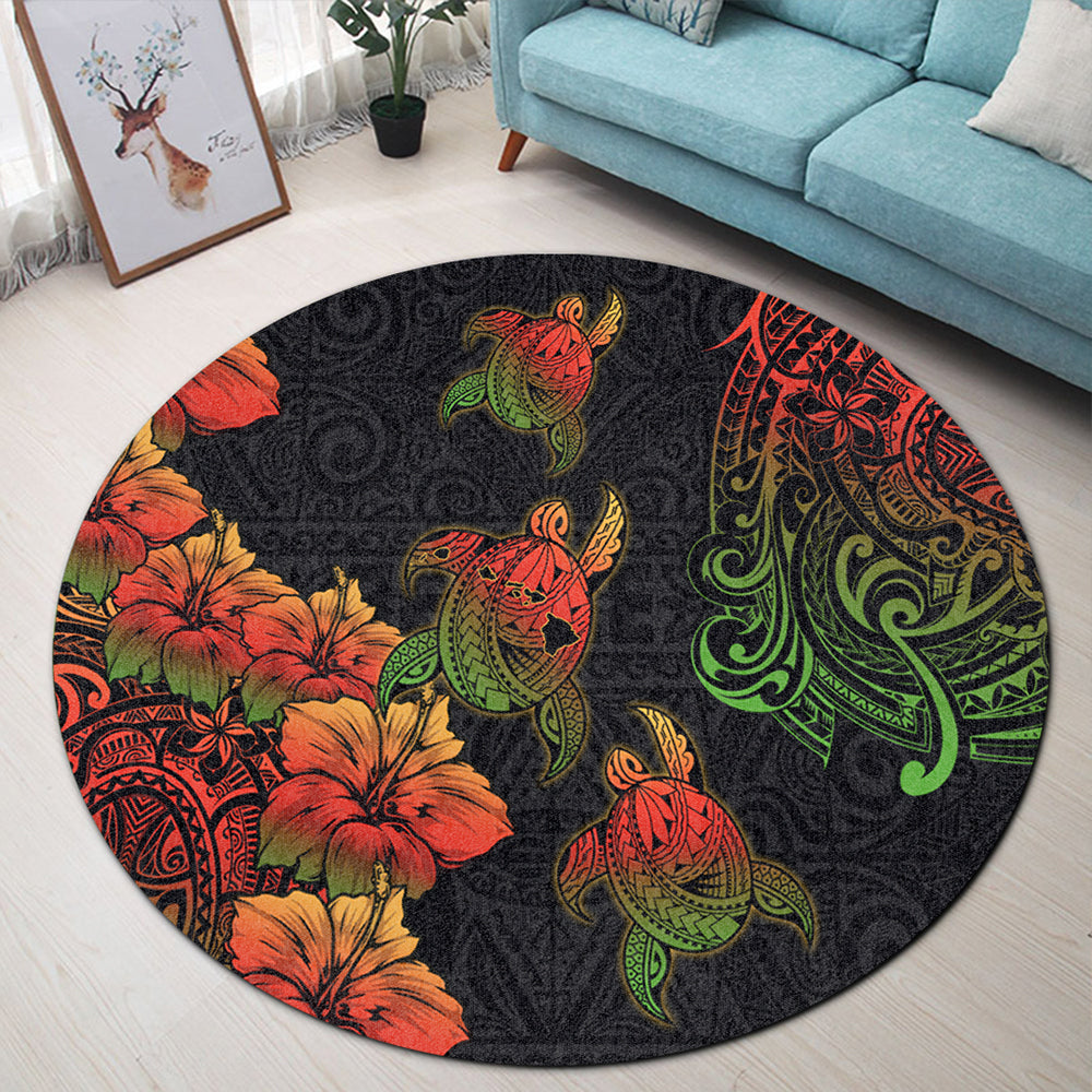 Hawaii Round Rug Hawaii Turtle Map Style Drawing Polynesian