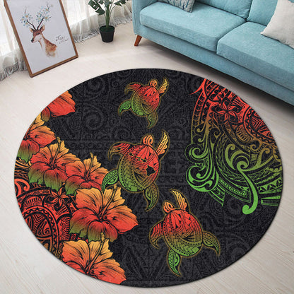 Hawaii Round Rug Hawaii Turtle Map Style Drawing Polynesian