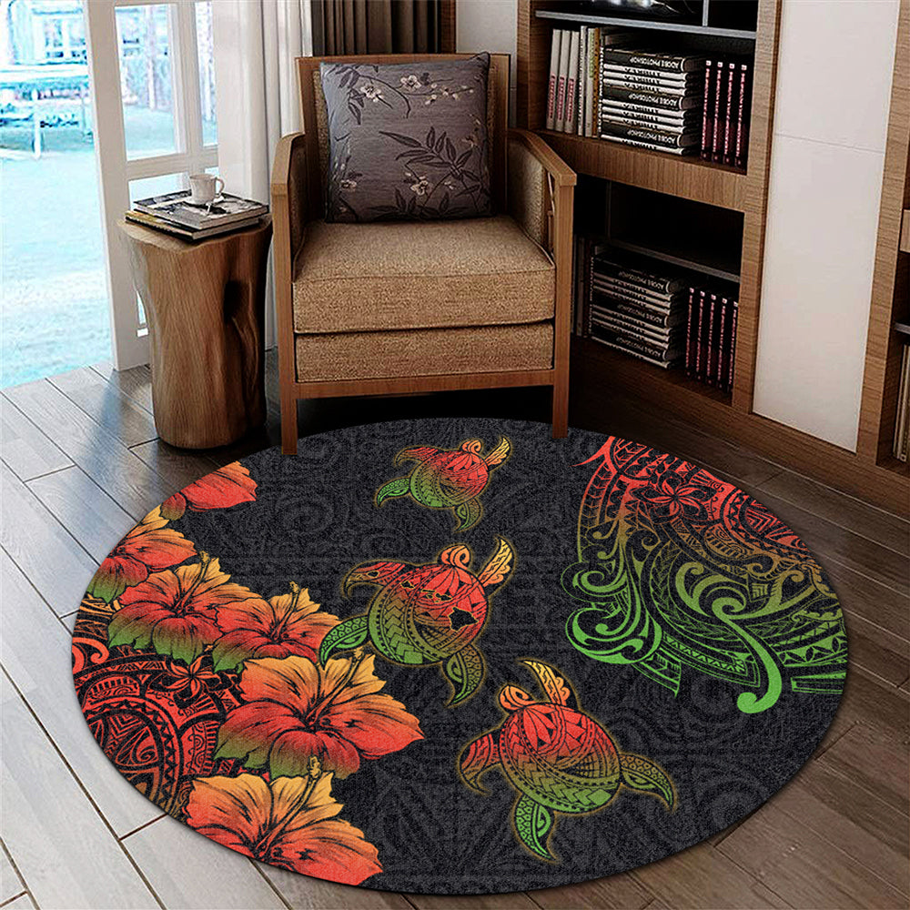 Hawaii Round Rug Hawaii Turtle Map Style Drawing Polynesian