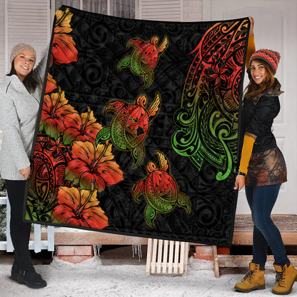 Hawaii Premium Quilt Hawaii Turtle Map Style Drawing Polynesian