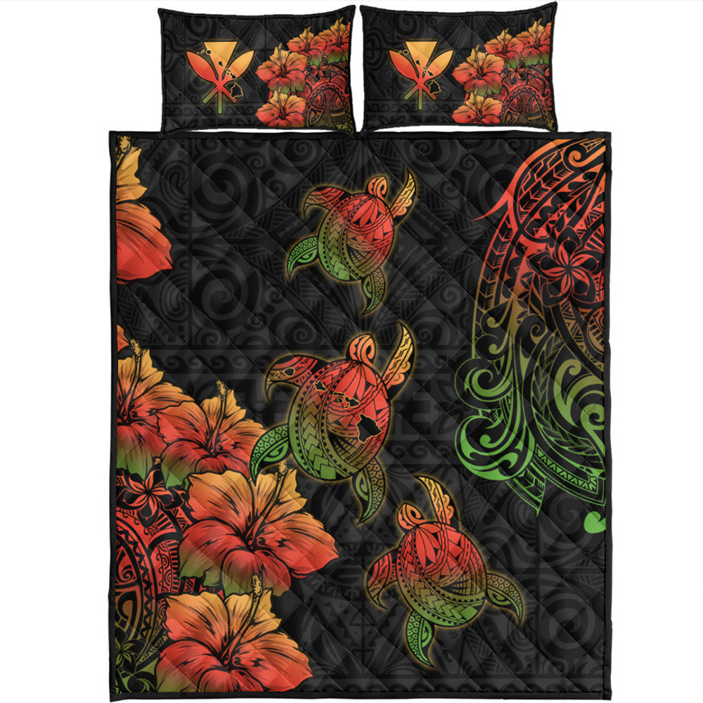 Hawaii Quilt Bed Set Hawaii Turtle Map Style Drawing Polynesian