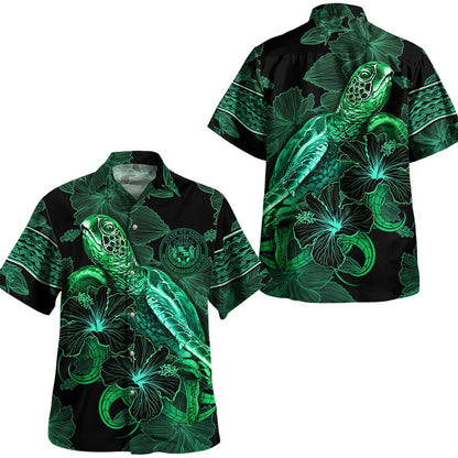 Hawaii Hawaiian Shirt  Sea Turtle With Blooming Hibiscus Flowers Tribal Green