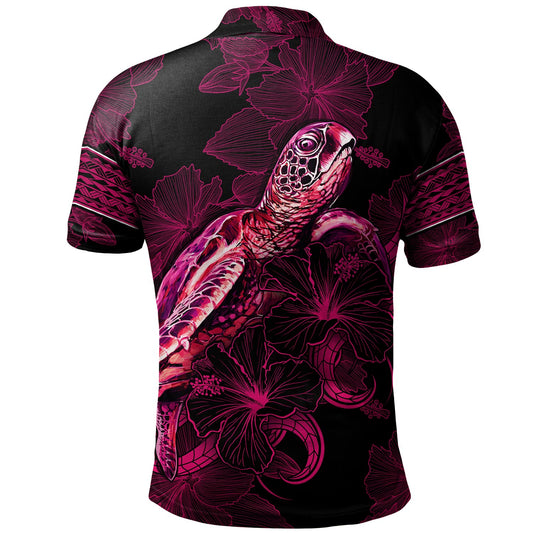 Hawaii Polo Shirt Sea Turtle With Blooming Hibiscus Flowers Tribal Maroon