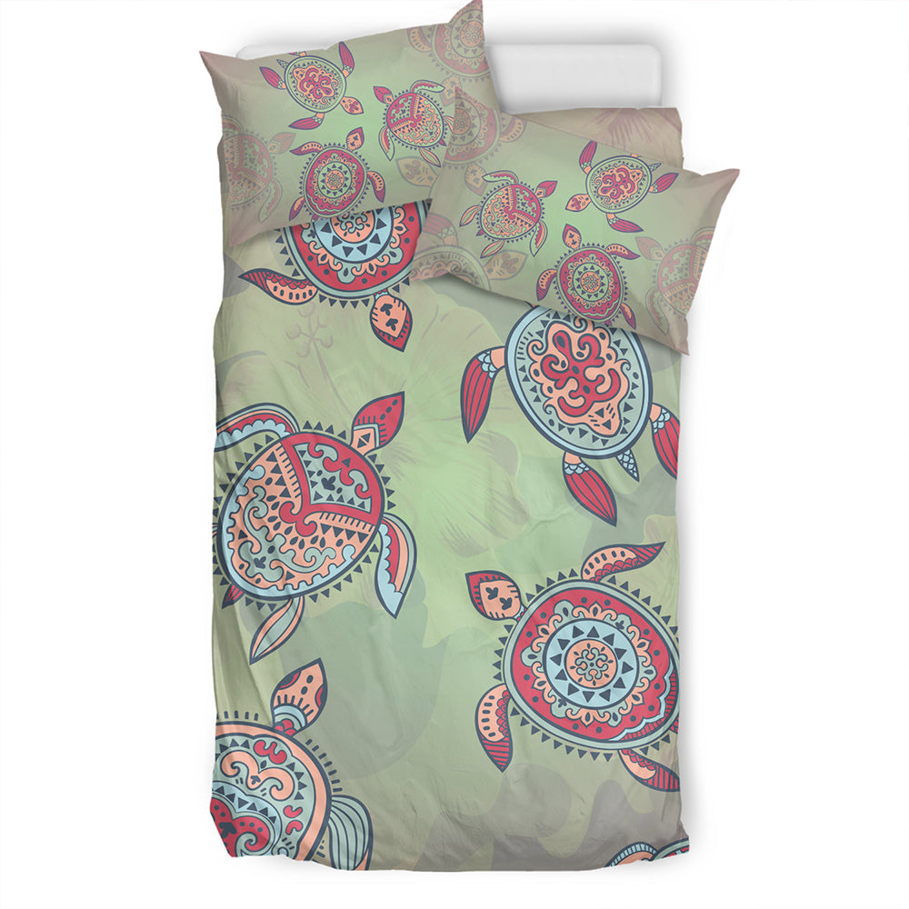 Hawaii Bedding Set Turtle Colorful Hibiscus Background