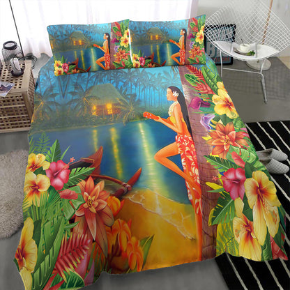 Hawaii Bedding Set Hula Girl Sing In Village
