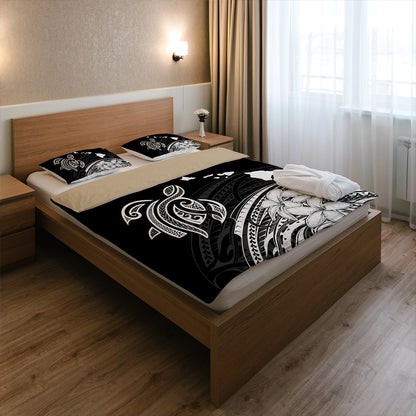 Hawaii Bedding Set Turtle Polynesian Map Plumeria White