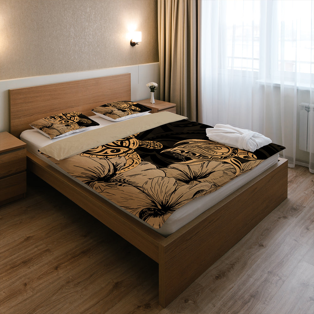 Hawaii Turtle Bedding Set Polynesian Hibiscus Art Gold