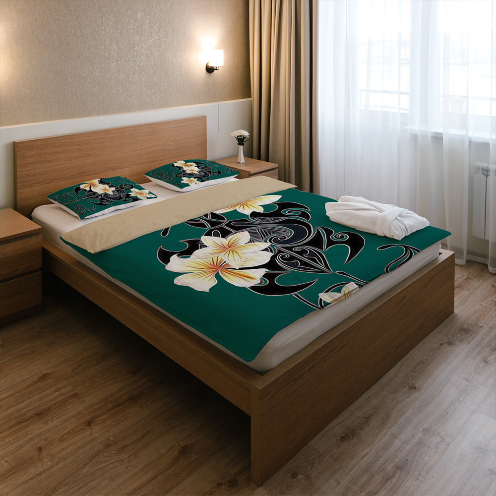 Hawaii Bedding Set Turtle Poly Trinal Plumeria Turquoise