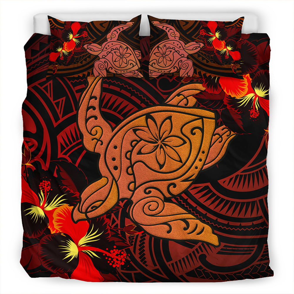 Hawaii Bedding Set Hibiscus Polynesian Red Big Turtle