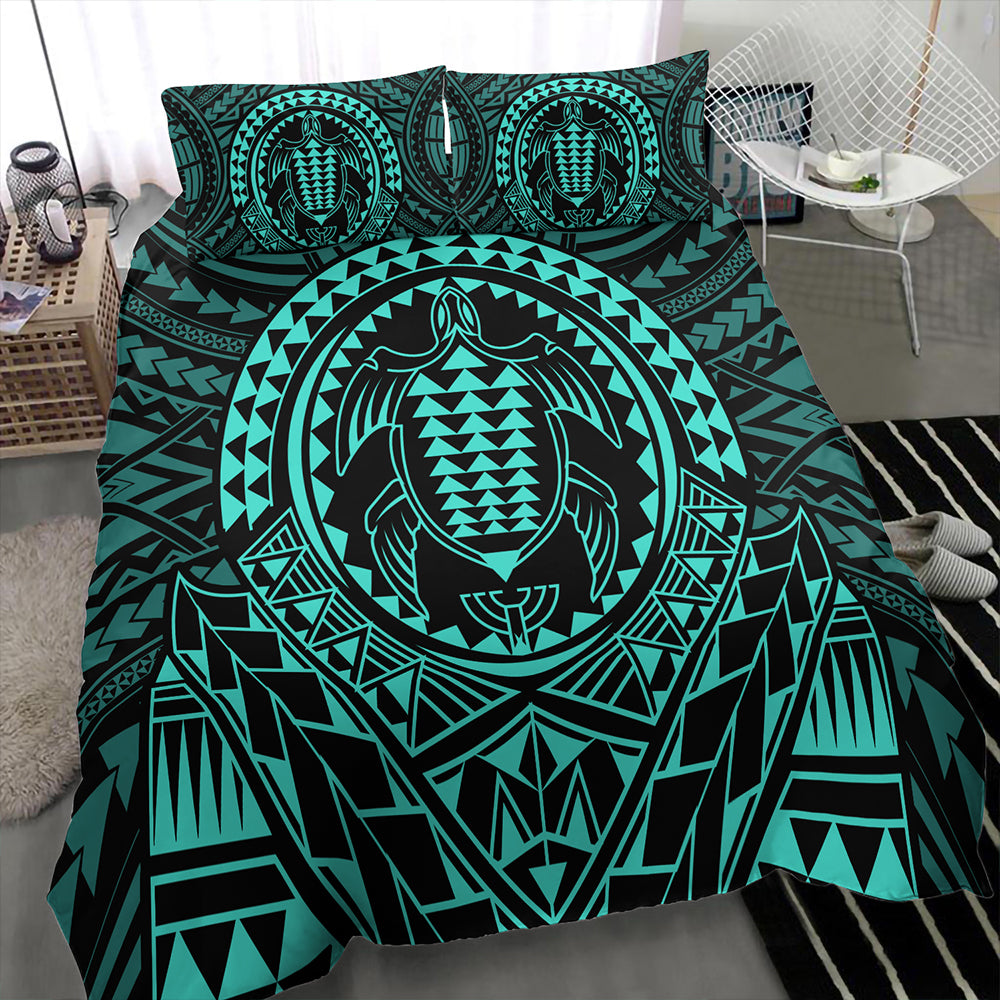 Hawaii Bedding Set Kakau Honu Arc Polynesian Turquoise