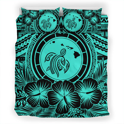 Hawaii Bedding Set Map Honu Hibiscus Polynesian Turquoise