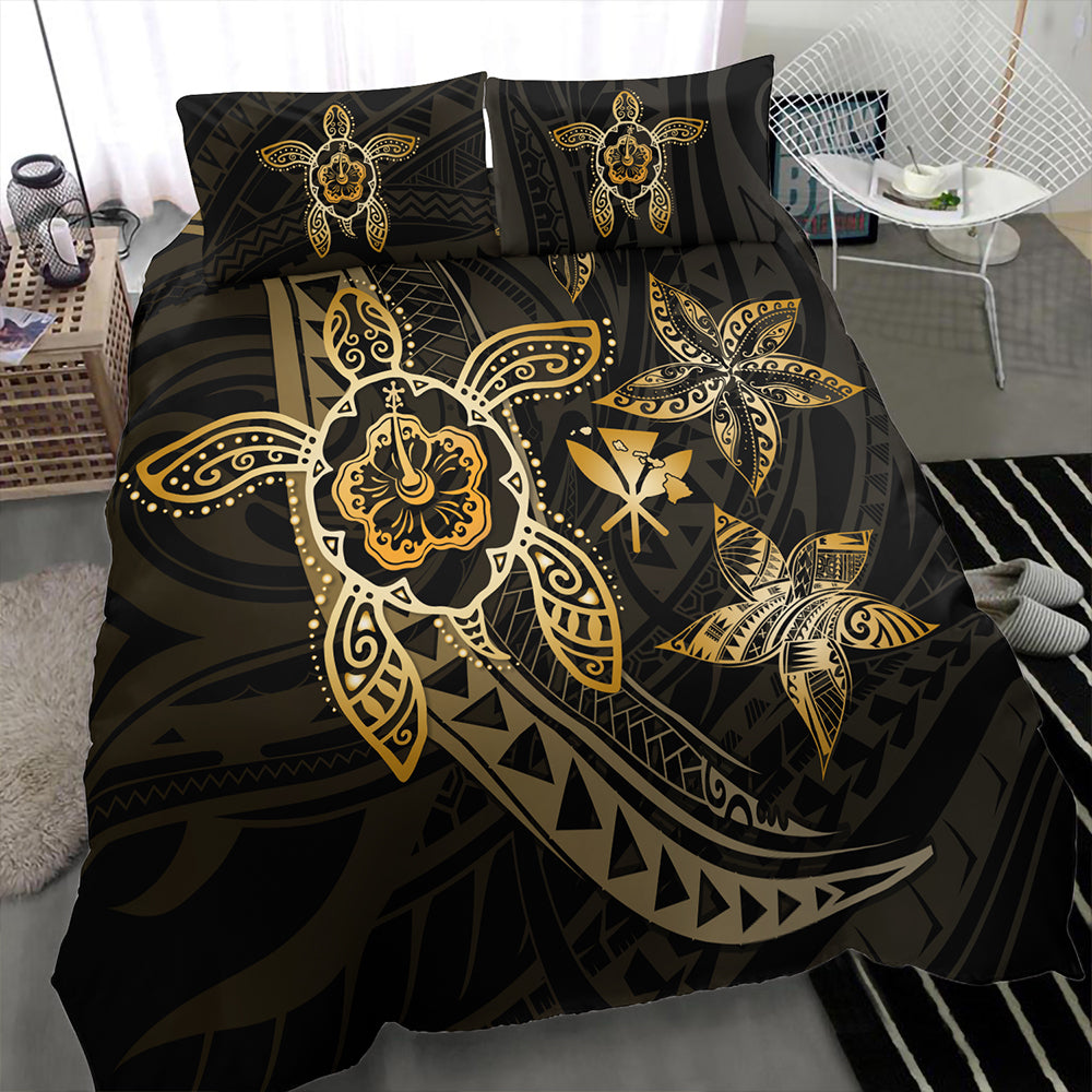 Hawaii Bedding Set Kanaka Maoli Map Hibiscus Plumeria Turtle Art Polynesian Gold