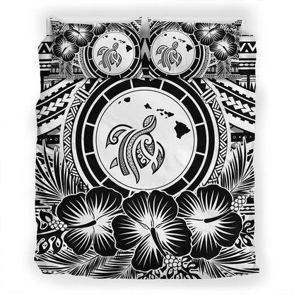 Hawaii Bedding Set Map Honu Hibiscus Polynesian White