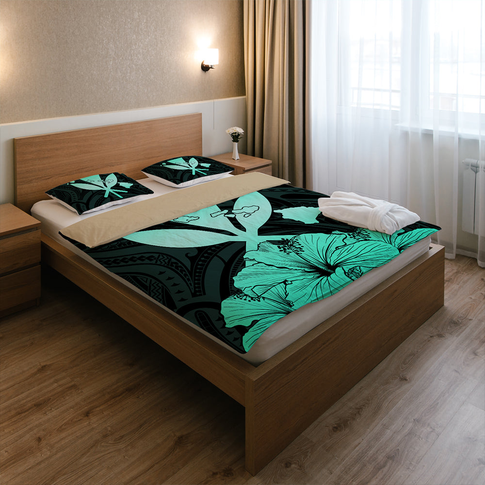 Hawaiian Bedding Set Kanaka Maoli Hibiscus Polynesian Love Turquoise