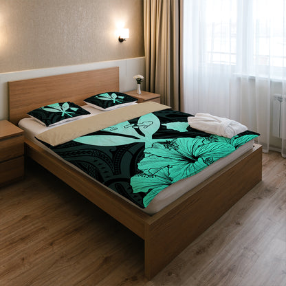Hawaiian Bedding Set Kanaka Maoli Hibiscus Polynesian Love Turquoise