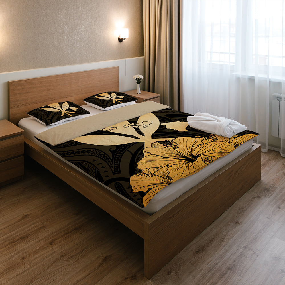 Hawaiian Bedding Set Kanaka Maoli Hibiscus Polynesian Love Gold