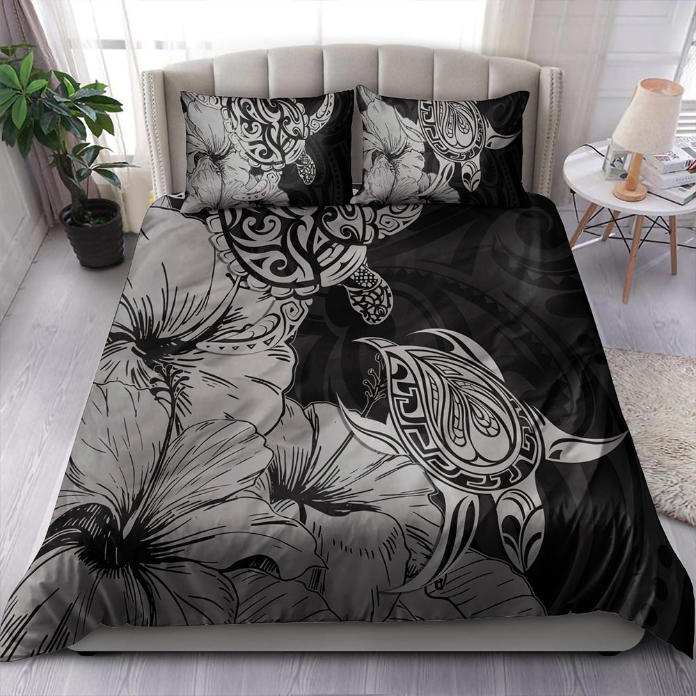 Hawaii Turtle Bedding Set Polynesian Hibiscus Art Gray