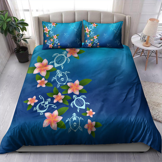 Hawaii Bedding Set Turtle Polynesian Plumeria Ocean