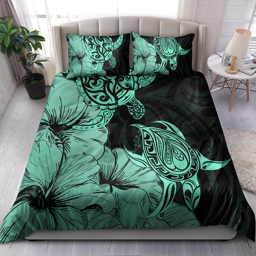 Hawaii Turtle Bedding Set Polynesian Hibiscus Art Turquoise
