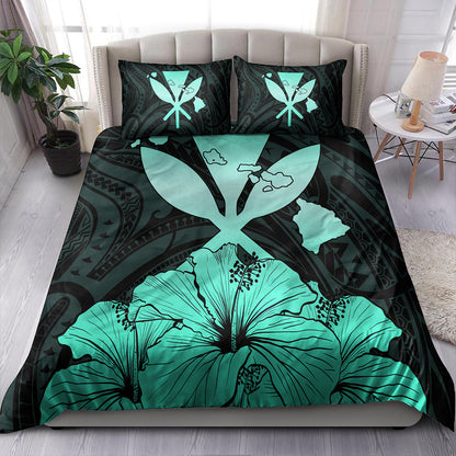 Hawaiian Bedding Set Kanaka Maoli Hibiscus Polynesian Love Turquoise