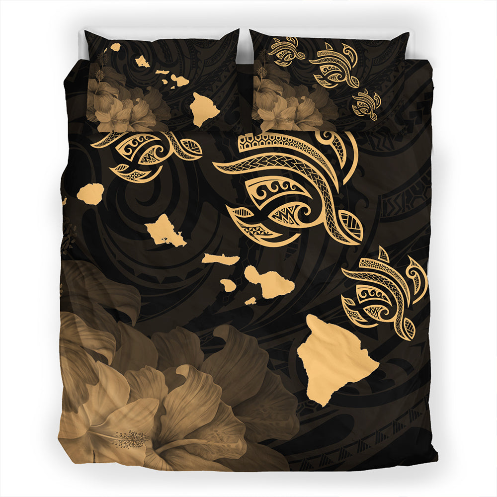 Hawaii Bedding Set Turtle Hibiscus Map Polynesian Family Gold