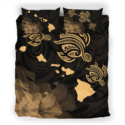 Hawaii Bedding Set Turtle Hibiscus Map Polynesian Family Gold