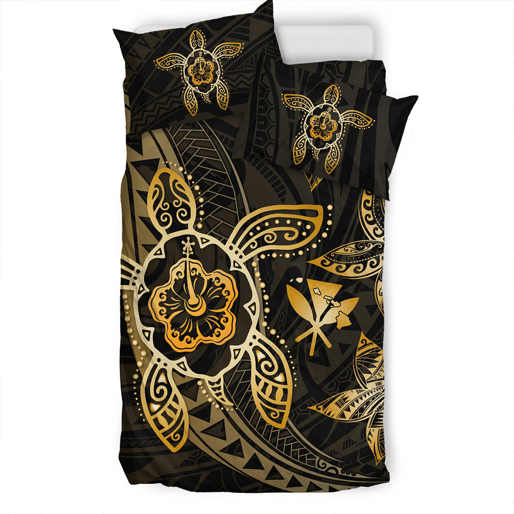 Hawaii Bedding Set Kanaka Maoli Map Hibiscus Plumeria Turtle Art Polynesian Gold