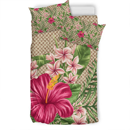 Hawaii Bedding Set Hibiscus Plumeria Palm Leaves Lauhala Background Polynesian