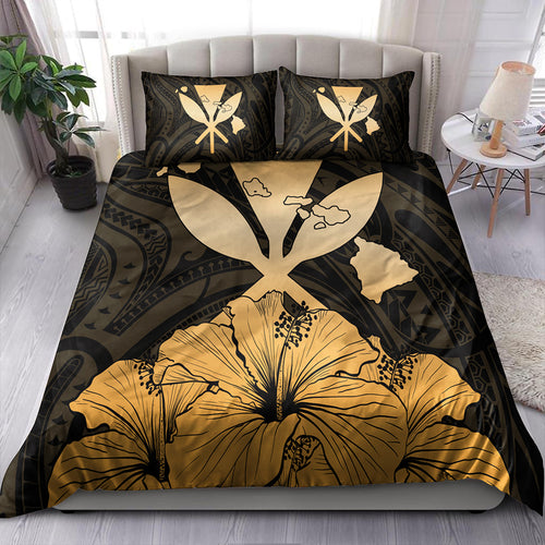 Hawaiian Bedding Set Kanaka Maoli Hibiscus Polynesian Love Gold