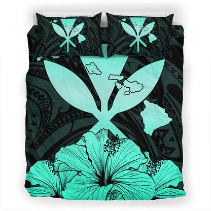 Hawaiian Bedding Set Kanaka Maoli Hibiscus Polynesian Love Turquoise