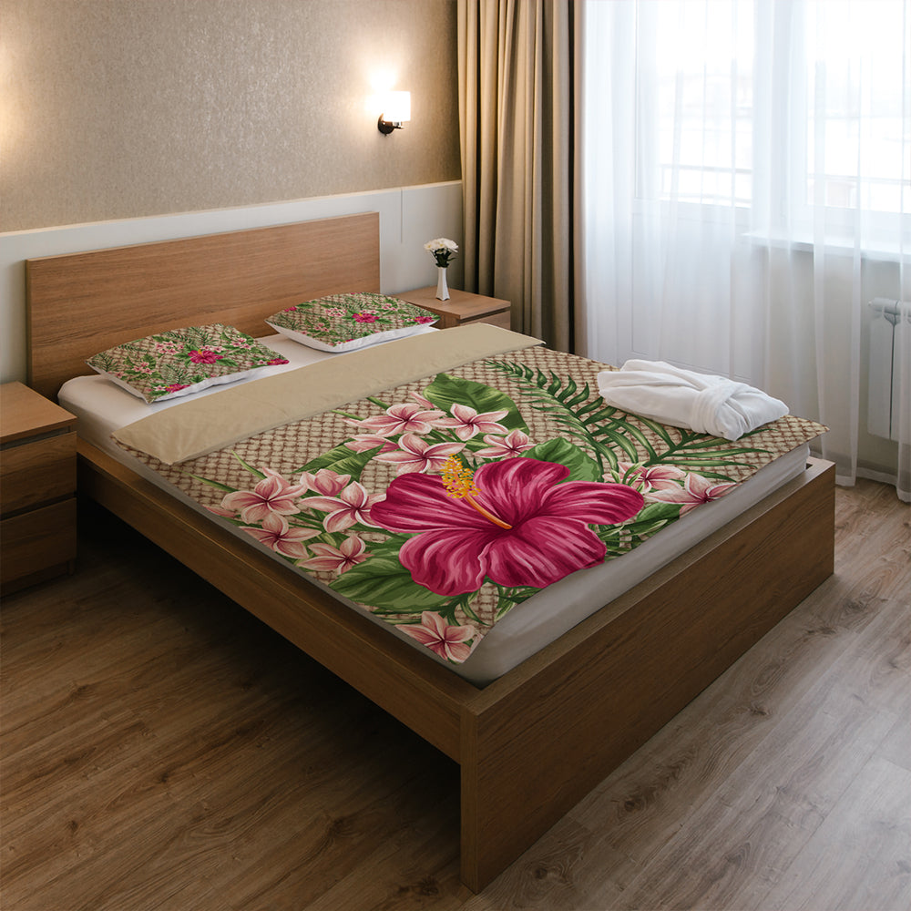Hawaii Bedding Set Hibiscus Plumeria Palm Leaves Lauhala Background Polynesian