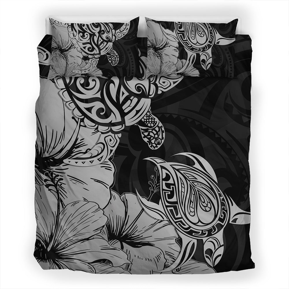 Hawaii Turtle Bedding Set Polynesian Hibiscus Art Gray