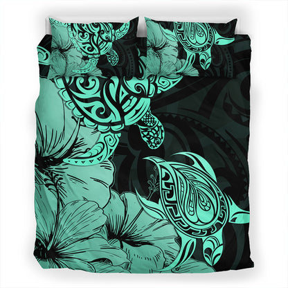 Hawaii Turtle Bedding Set Polynesian Hibiscus Art Turquoise