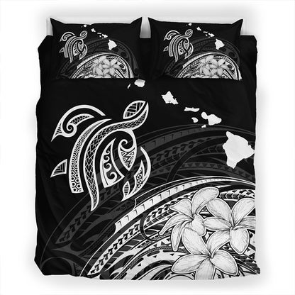 Hawaii Bedding Set Turtle Polynesian Map Plumeria White
