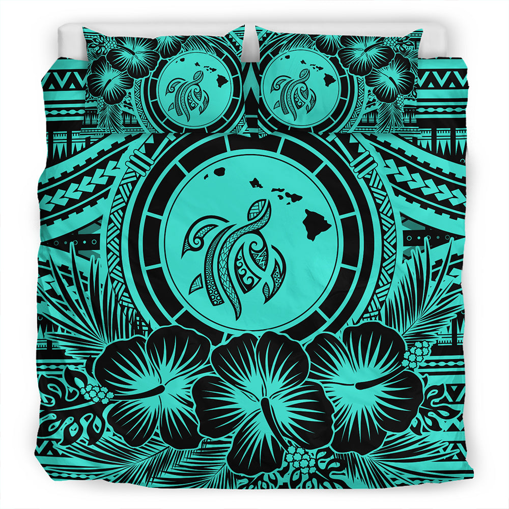 Hawaii Bedding Set Map Honu Hibiscus Polynesian Turquoise