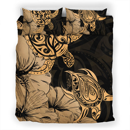 Hawaii Turtle Bedding Set Polynesian Hibiscus Art Gold