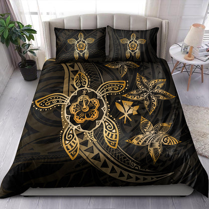 Hawaii Bedding Set Kanaka Maoli Map Hibiscus Plumeria Turtle Art Polynesian Gold