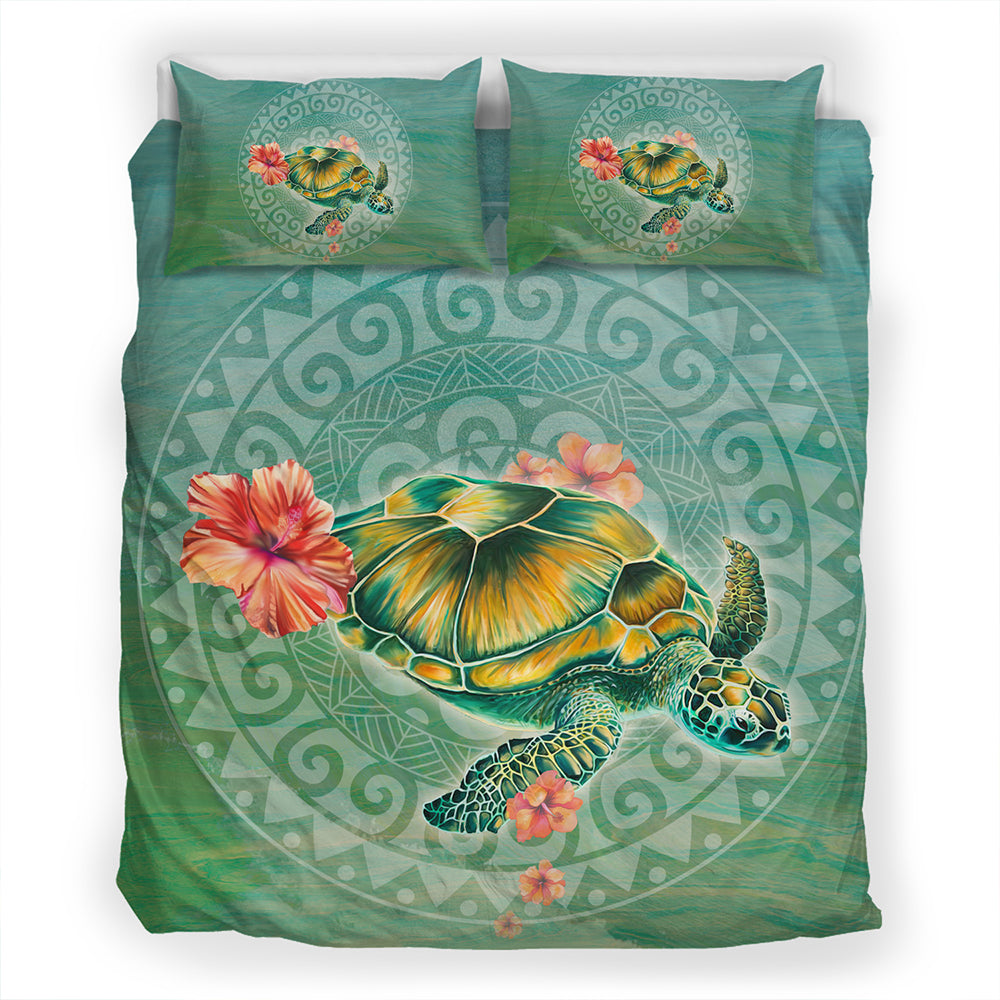 Hawaii Bedding Set Hibiscus Turtle Swimming