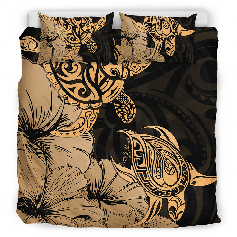 Hawaii Turtle Bedding Set Polynesian Hibiscus Art Gold