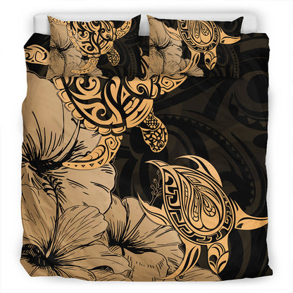 Hawaii Turtle Bedding Set Polynesian Hibiscus Art Gold