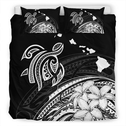 Hawaii Bedding Set Turtle Polynesian Map Plumeria White