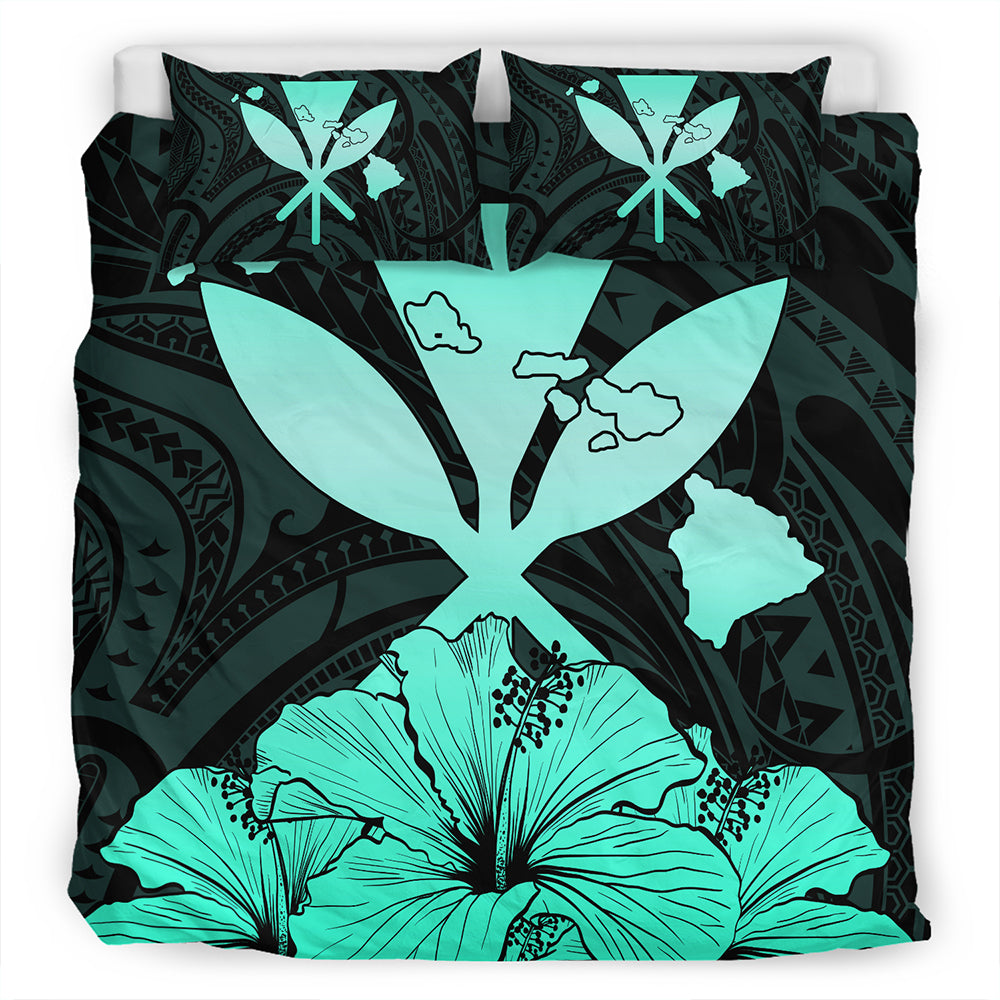 Hawaiian Bedding Set Kanaka Maoli Hibiscus Polynesian Love Turquoise
