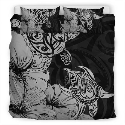 Hawaii Turtle Bedding Set Polynesian Hibiscus Art Gray