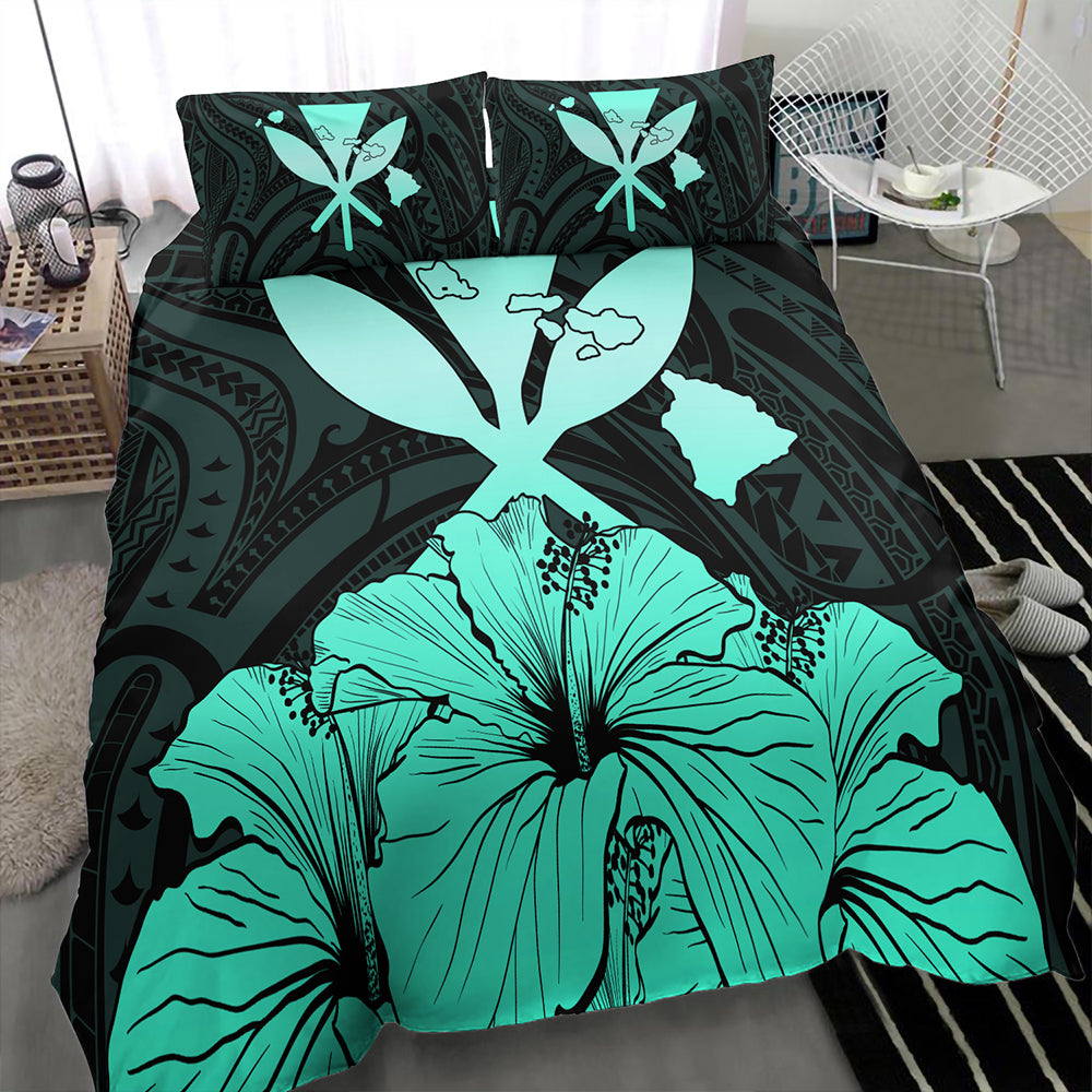 Hawaiian Bedding Set Kanaka Maoli Hibiscus Polynesian Love Turquoise