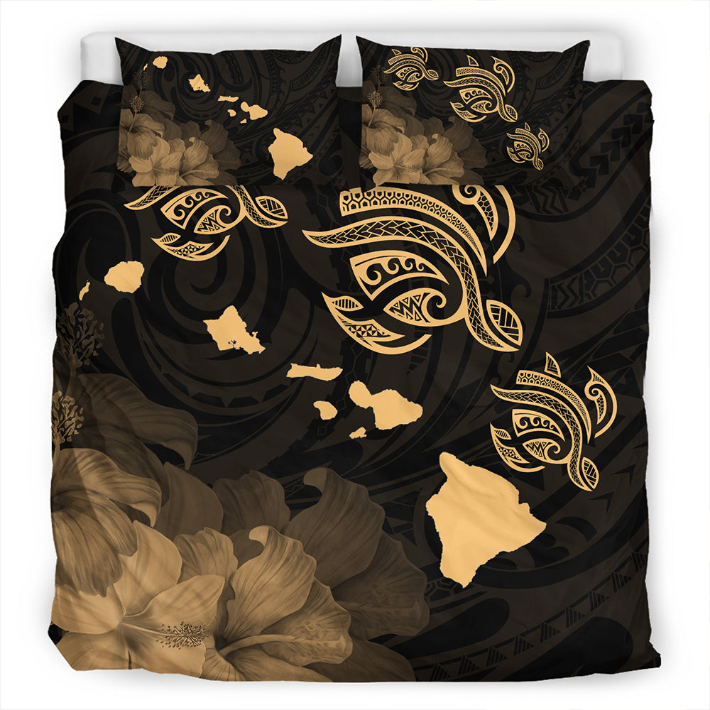 Hawaii Bedding Set Turtle Hibiscus Map Polynesian Family Gold