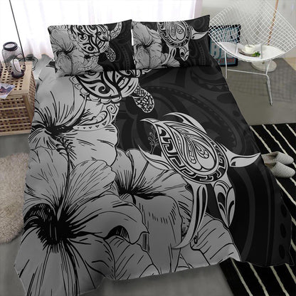 Hawaii Turtle Bedding Set Polynesian Hibiscus Art Gray